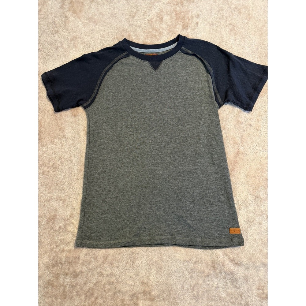 7 For All Mankind Kids Grey Blue Short Sleeve Cotton Henley T Shirt Large